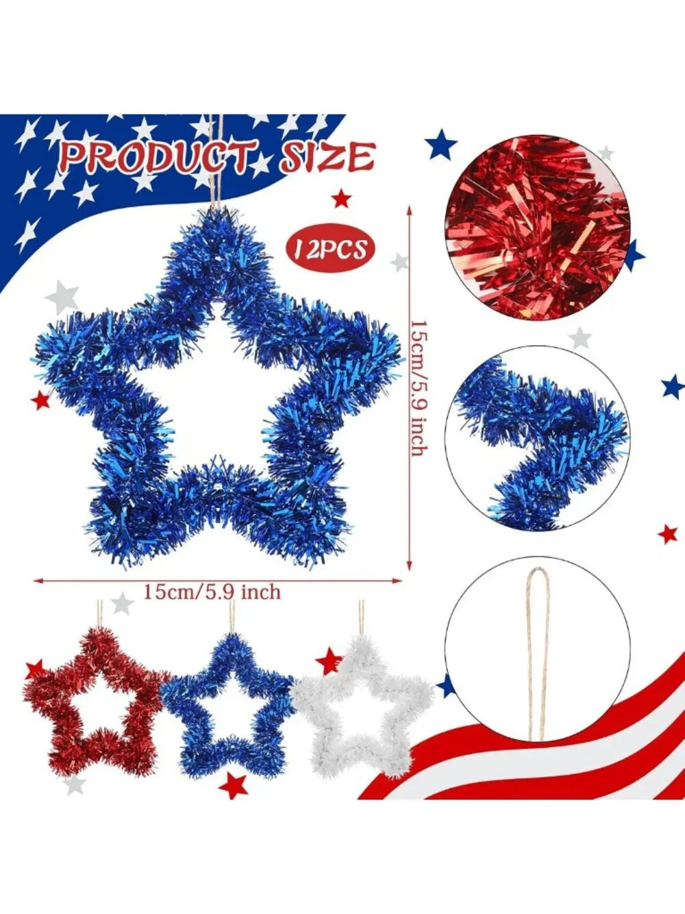 Patriotic 4th of July Wreath for Front Door - 12 Pcs Star Tinsel Decor